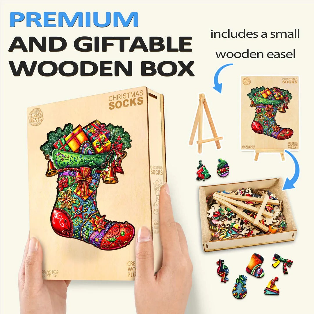 Whimsical Wooden Jigsaw Puzzle- Christmas socks