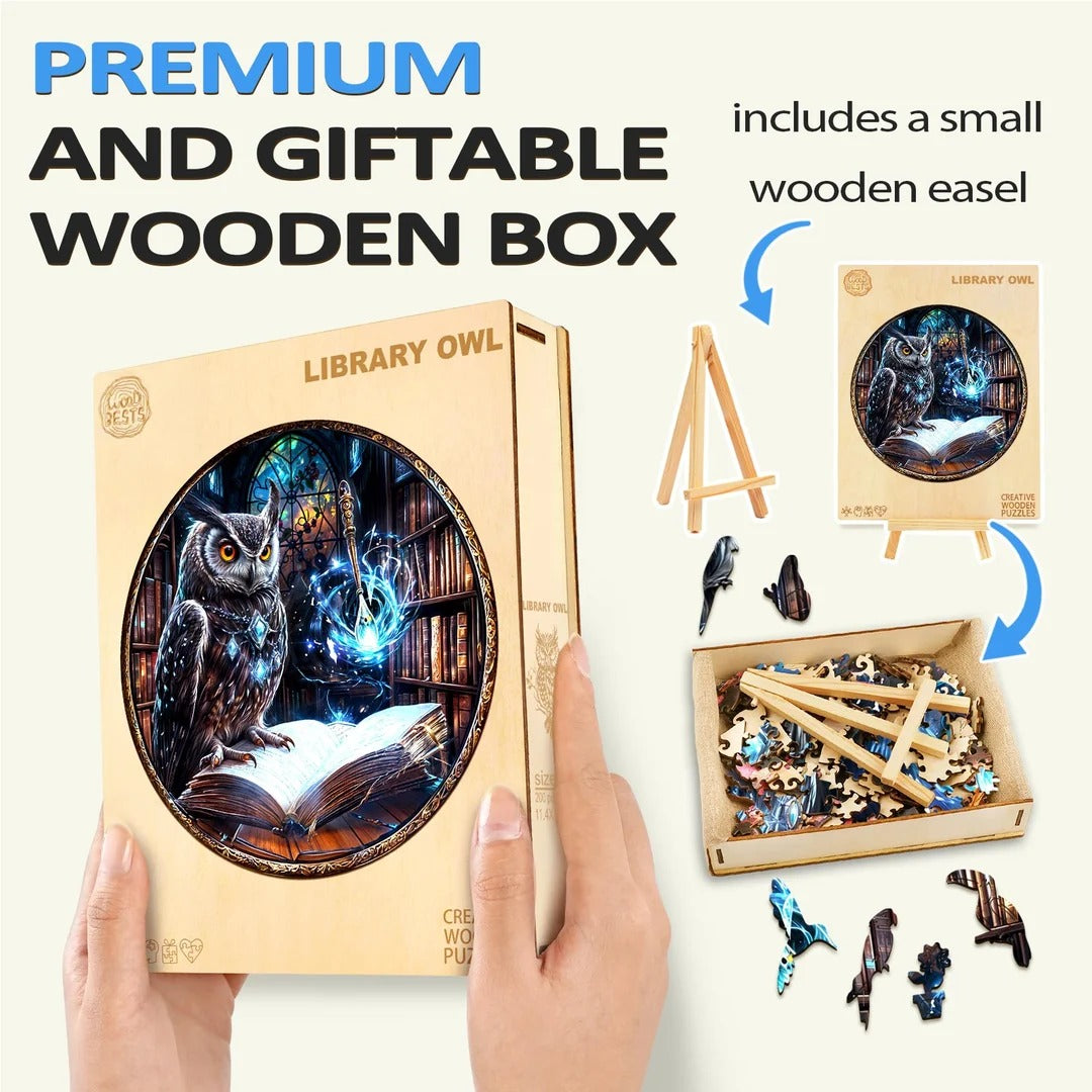 Whimsical Wooden Jigsaw Puzzle- Library Owl