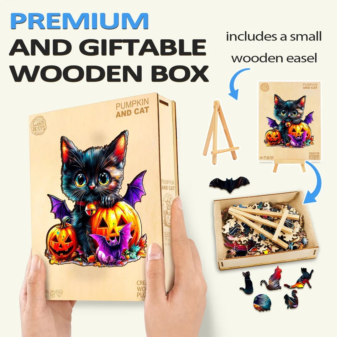 Whimsical Wooden Jigsaw Puzzle- pumpkin and cat
