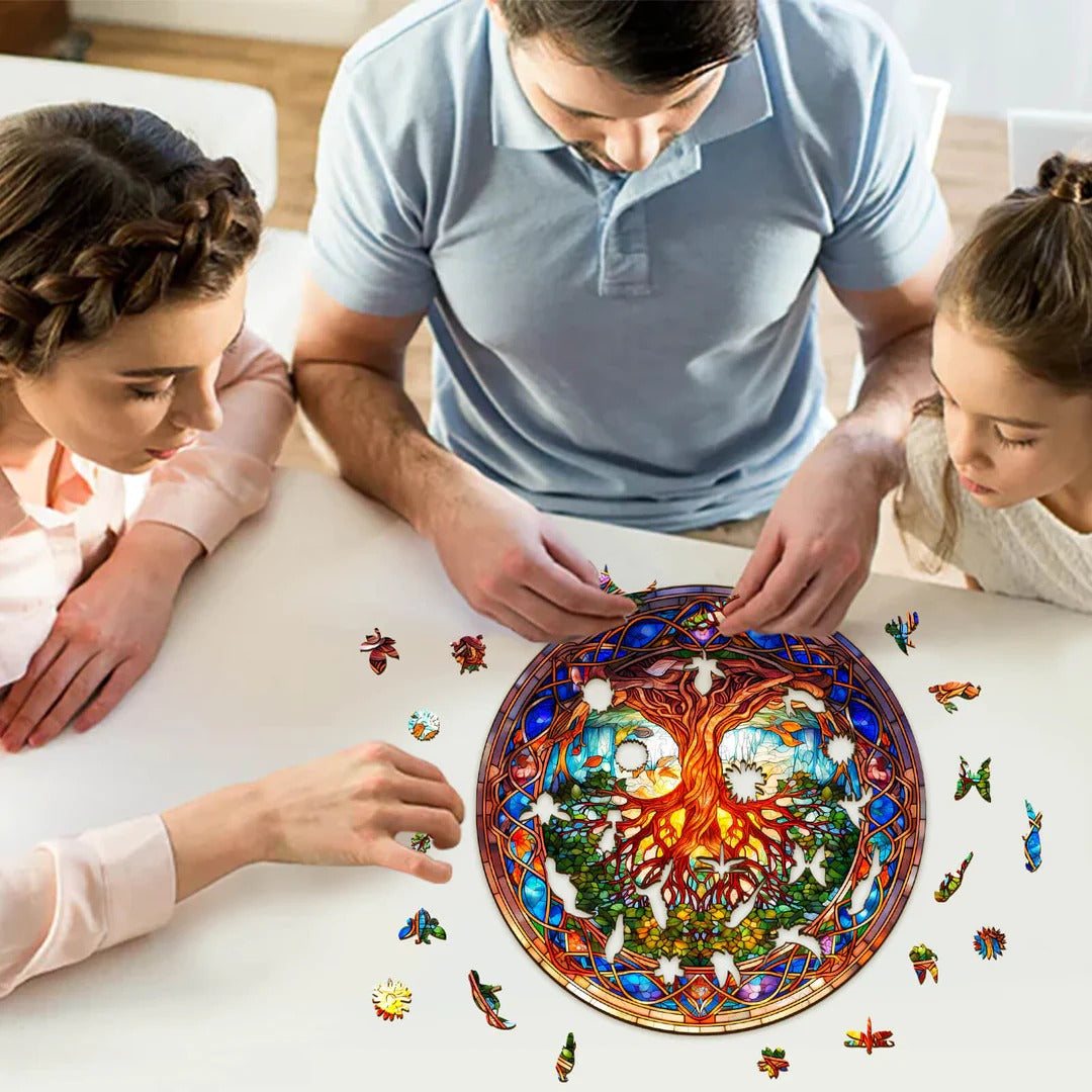 Whimsical Wooden Jigsaw Puzzle-Stained Glass Tree of Life