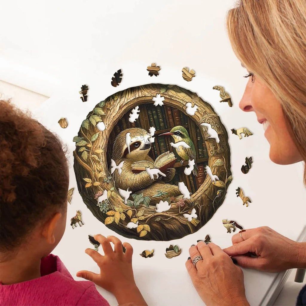 Whimsical Wooden Jigsaw Puzzle- Zoological library