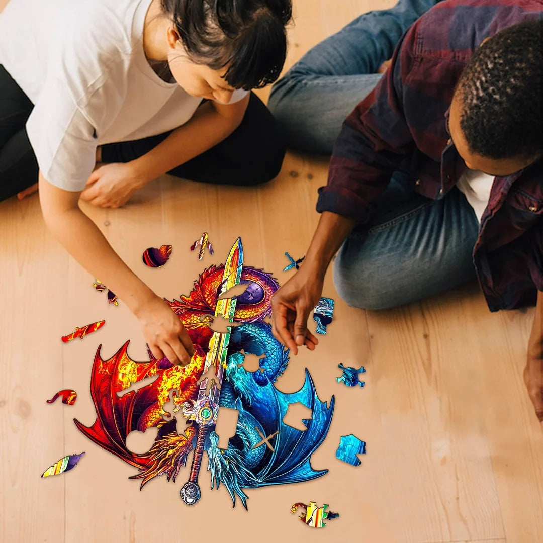 Whimsical Wooden Jigsaw Puzzle- Dragon and Sword