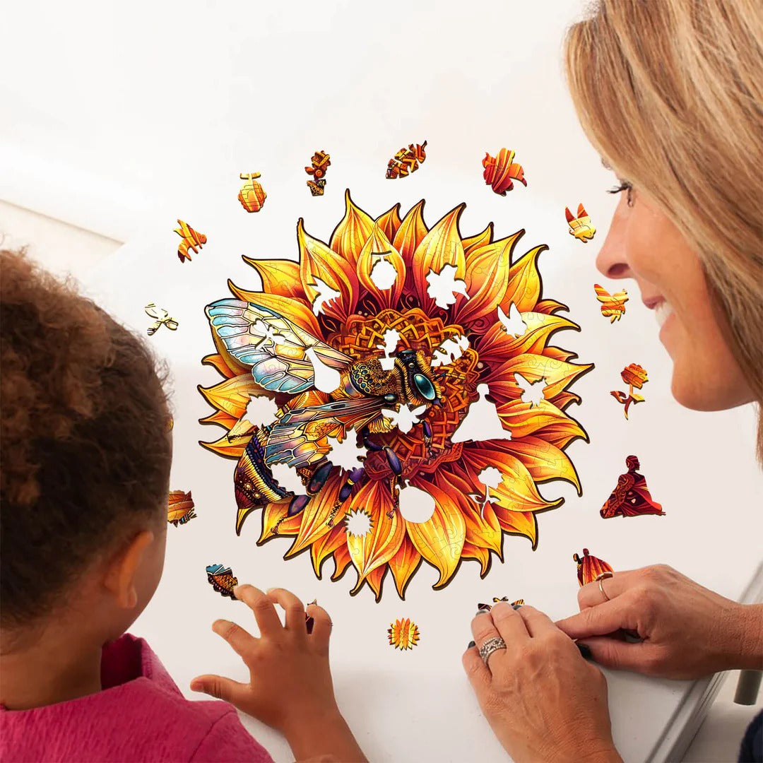 Whimsical Wooden Jigsaw Puzzle-Bee and Sunflower