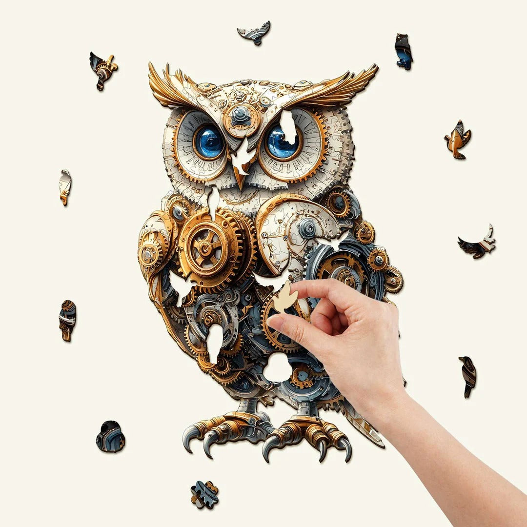Whimsical Wooden Jigsaw Puzzle- Mechanical owl Secondary image