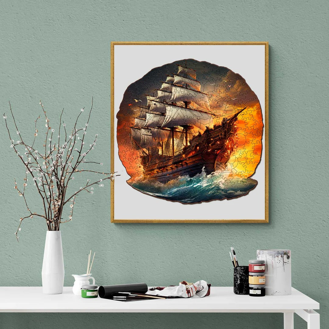 Whimsical Wooden Jigsaw Puzzle-Sailboat at sunse
