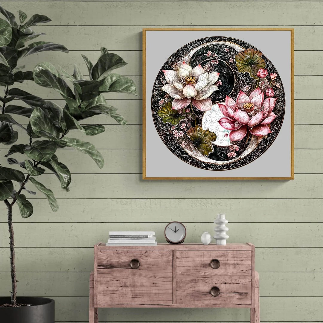 Whimsical Wooden Jigsaw Puzzle-Yin Yang Lotus