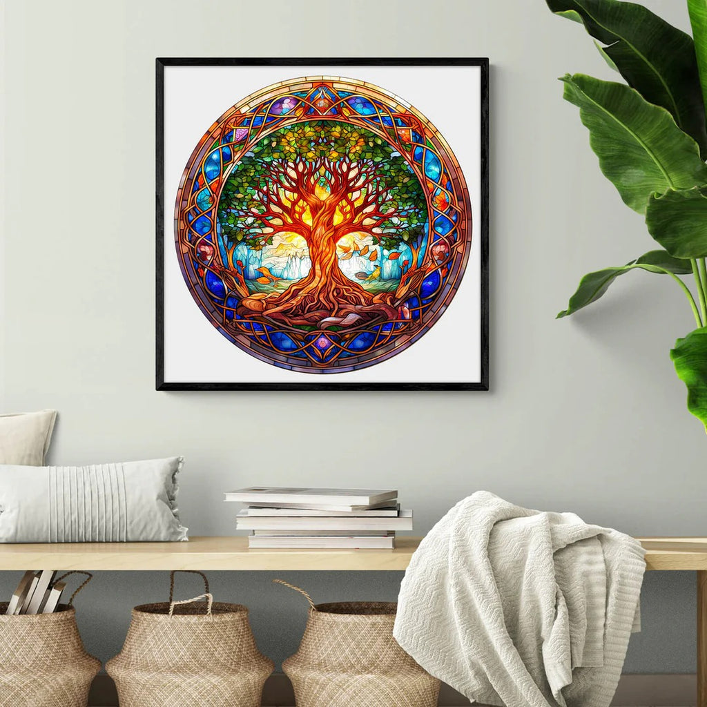 Whimsical Wooden Jigsaw Puzzle-Stained Glass Tree of Life