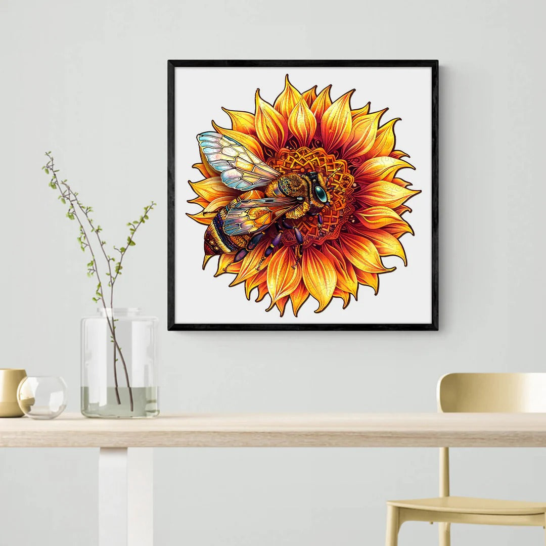 Whimsical Wooden Jigsaw Puzzle-Bee and Sunflower