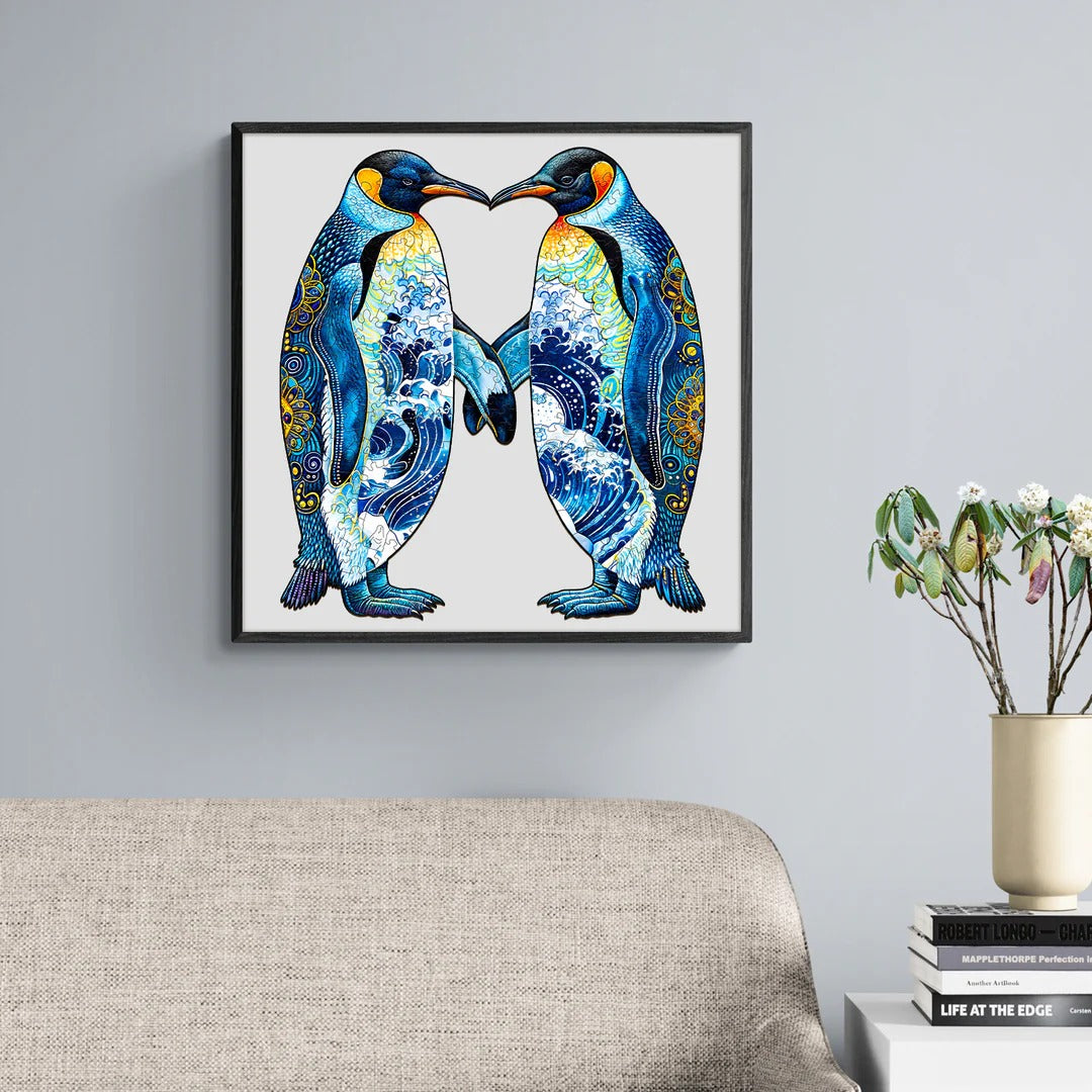 Whimsical Wooden Jigsaw Puzzle- couple penguins