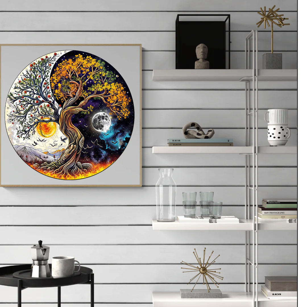 Whimsical Wooden Jigsaw Puzzle- sun and moon tree of life