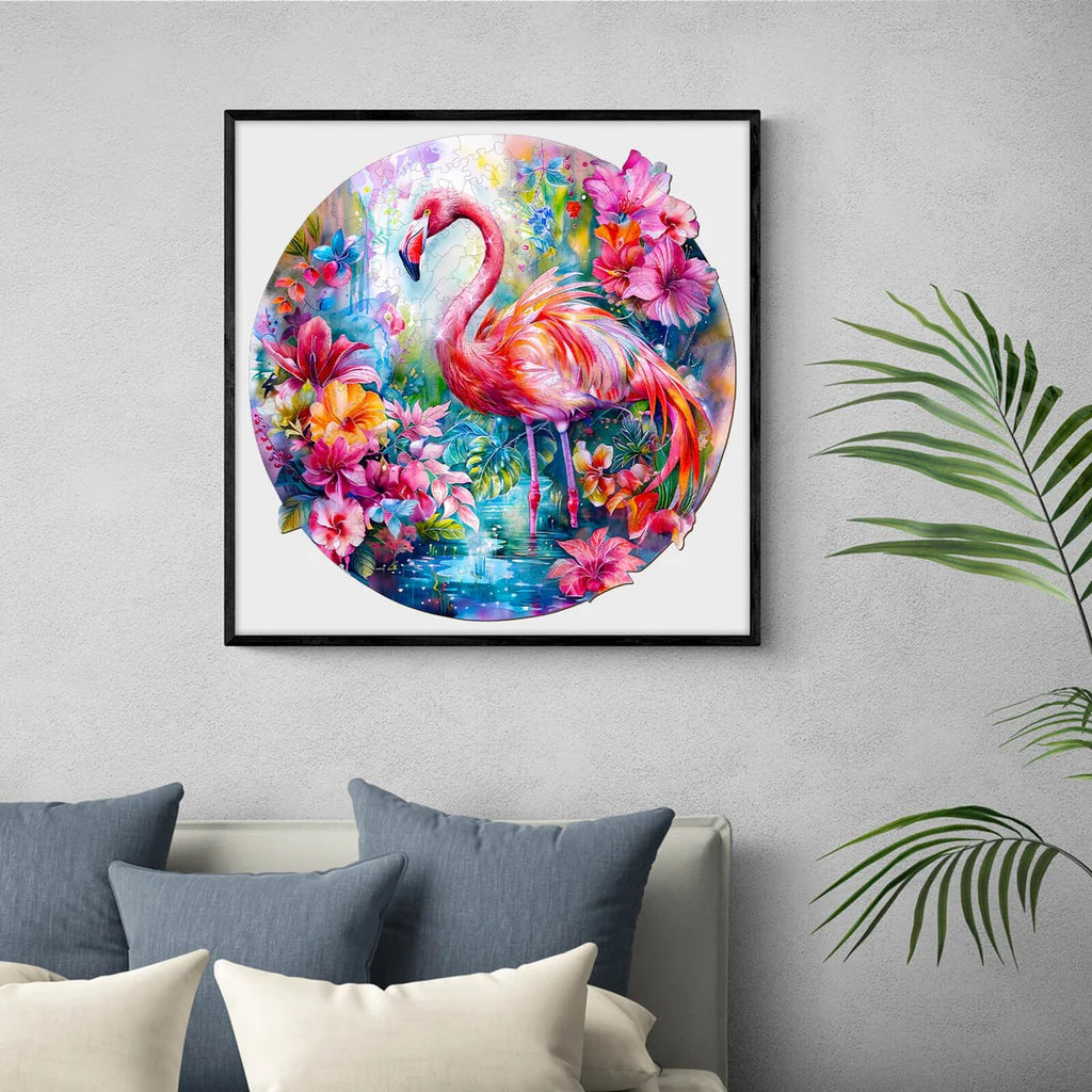 Whimsical Wooden Jigsaw Puzzle-Charming flamingo