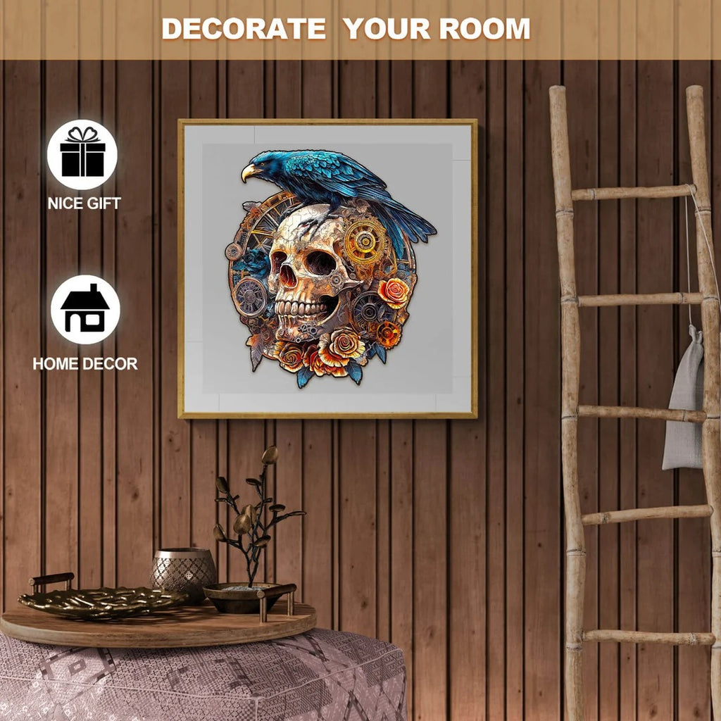 Whimsical Wooden Jigsaw Puzzle-Mechanical Skull & Raven