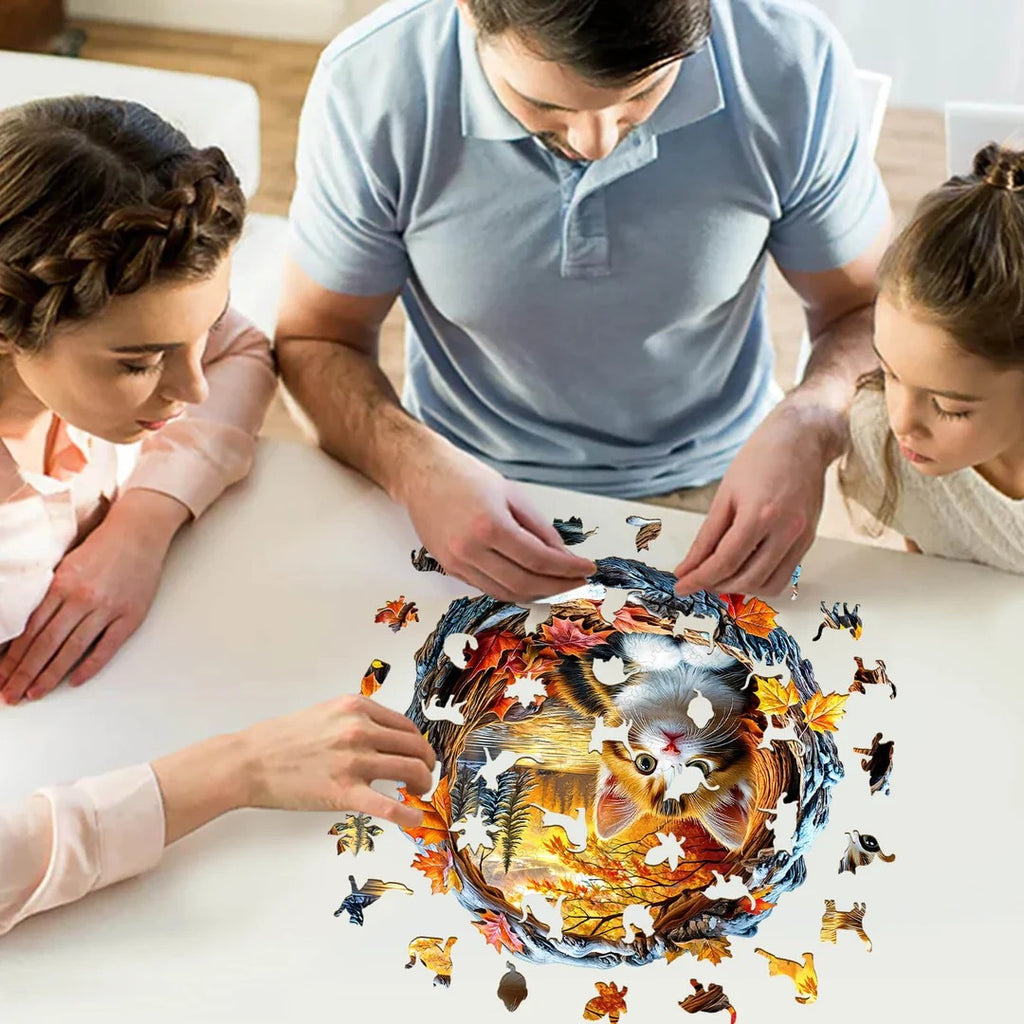 Whimsical Wooden Jigsaw Puzzle- Kitten in autumn