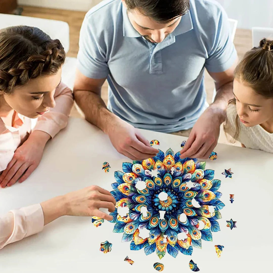 Whimsical Wooden Jigsaw Puzzle- Peacock Feather Mandala