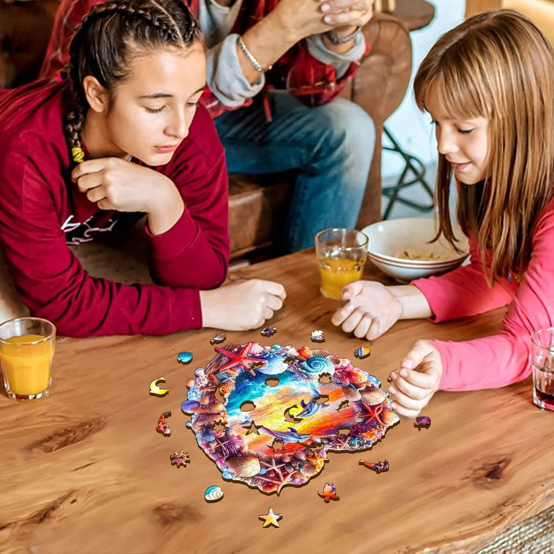 Whimsical Wooden Jigsaw Puzzle-Coral and Dolphin