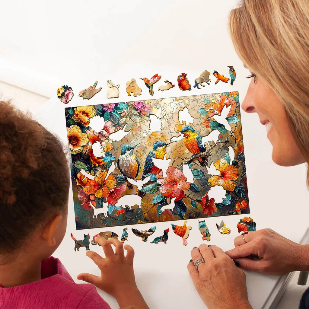 Whimsical Wooden Jigsaw Puzzle-Hummingbird Garden