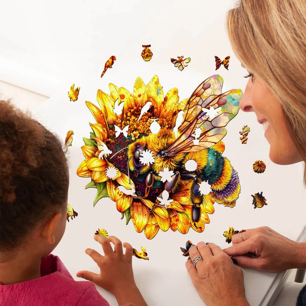 Whimsical Wooden Jigsaw Puzzle-Bee collecting nectar