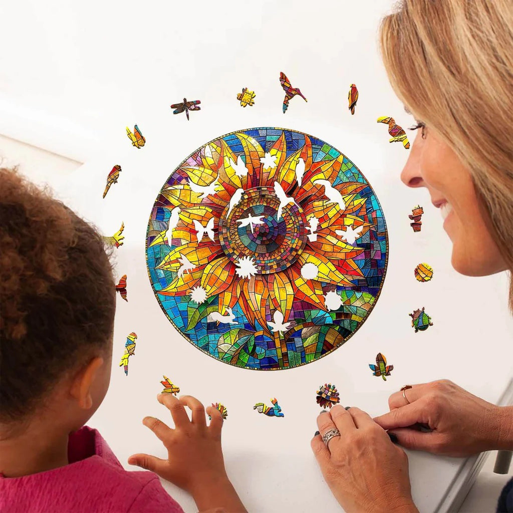 Whimsical Wooden Jigsaw Puzzle-Stained Glass Sunflower