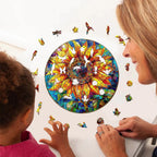 Whimsical Wooden Jigsaw Puzzle-Stained Glass Sunflower