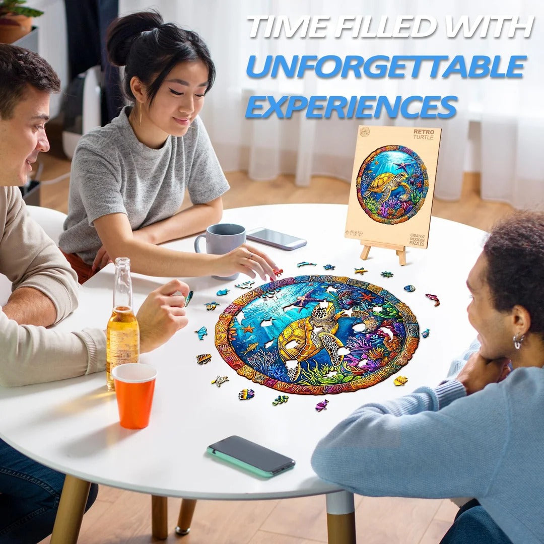 Whimsical Wooden Jigsaw Puzzle- retro turtle