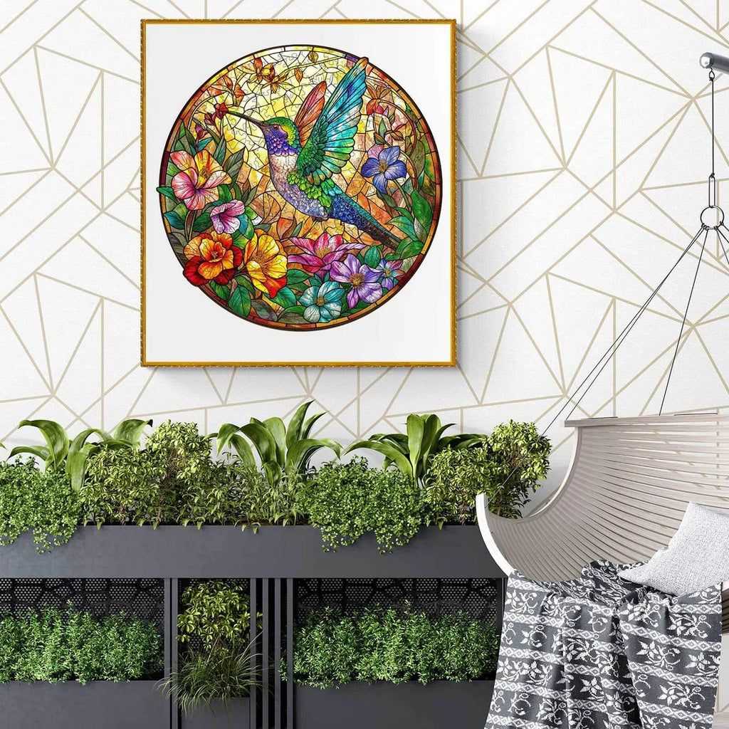 Whimsical Wooden Jigsaw Puzzle-Stained Glass Hummingbird