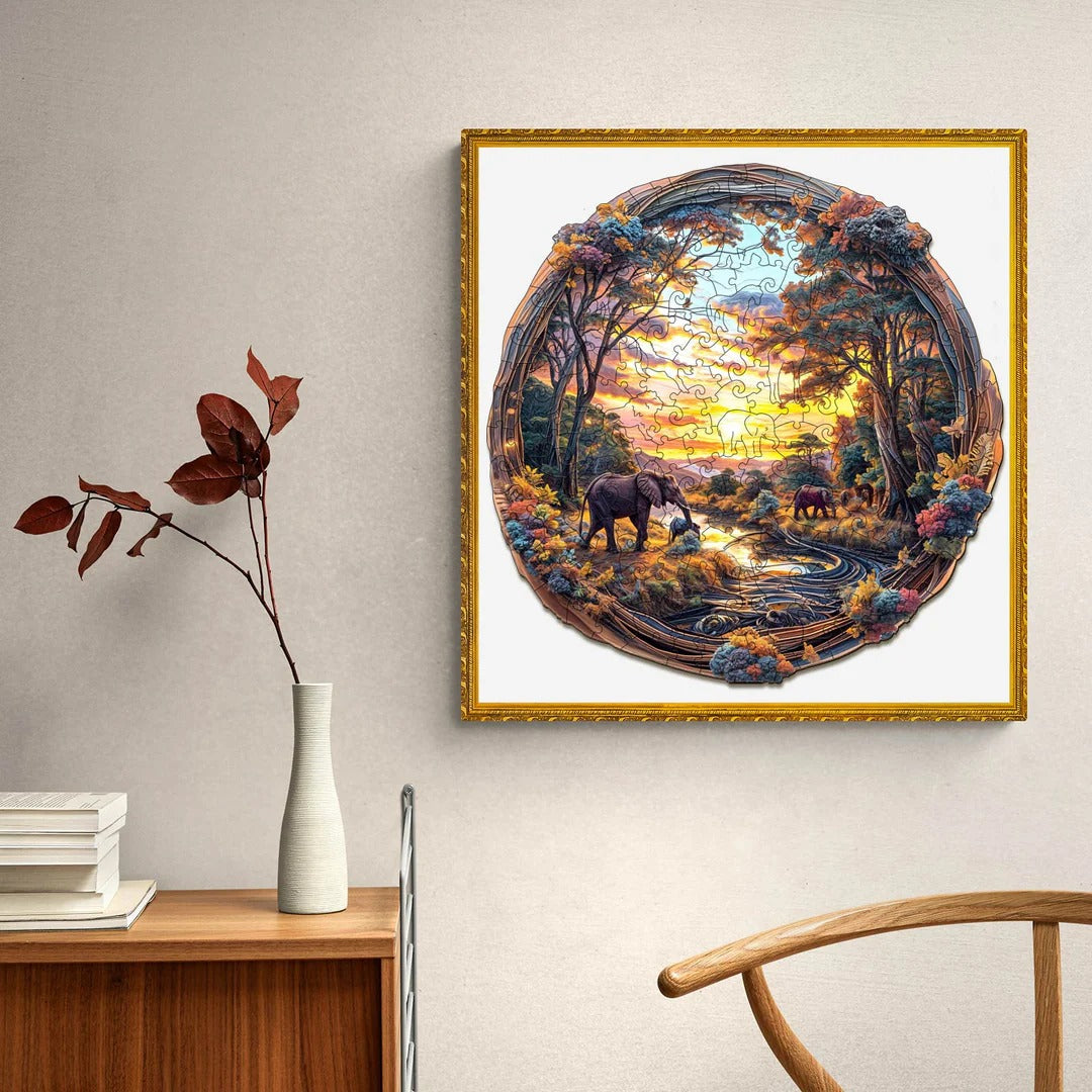 Whimsical Wooden Jigsaw Puzzle- Elephant at sunset-1