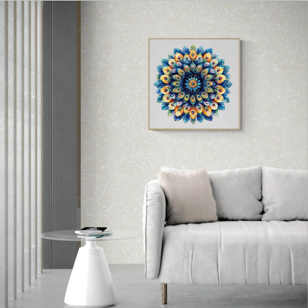 Whimsical Wooden Jigsaw Puzzle- Peacock Feather Mandala