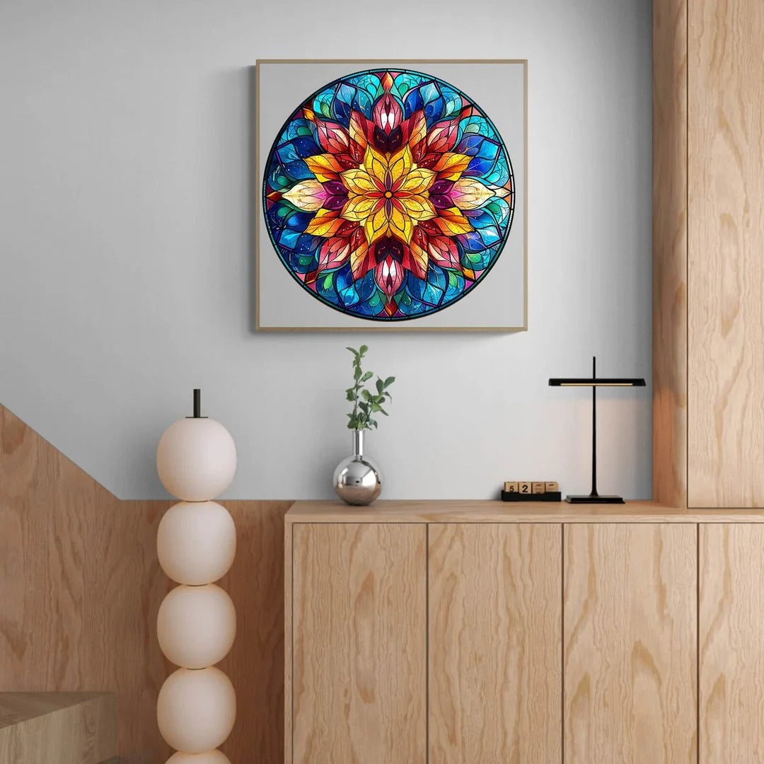 Whimsical Wooden Jigsaw Puzzle-Stained Glass Mandala