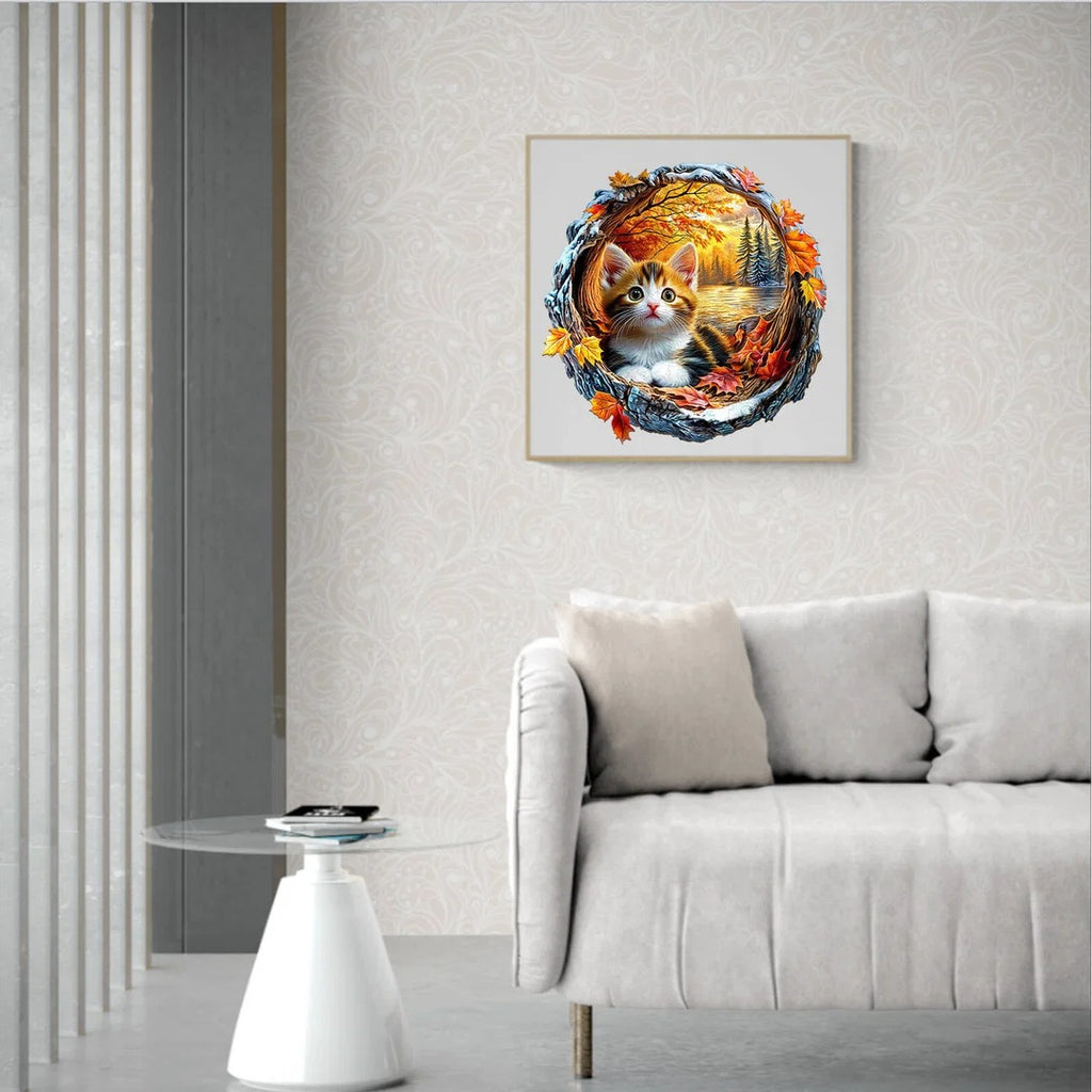 Whimsical Wooden Jigsaw Puzzle- Kitten in autumn