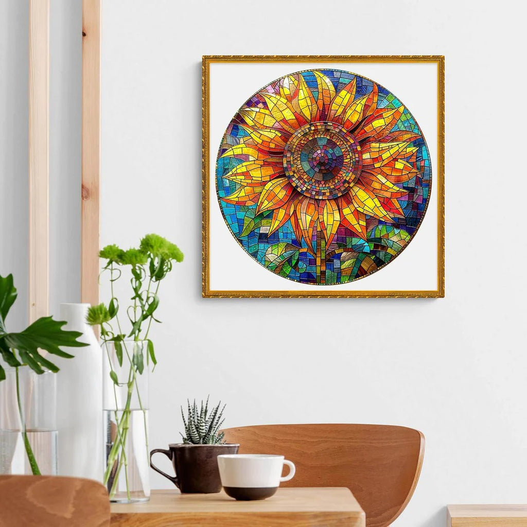 Whimsical Wooden Jigsaw Puzzle-Stained Glass Sunflower