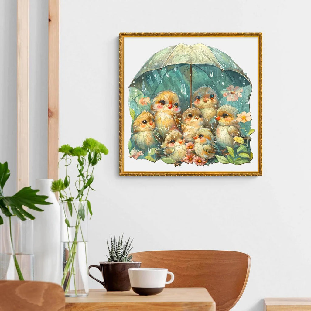 Whimsical Wooden Jigsaw Puzzle- bird holding umbrella