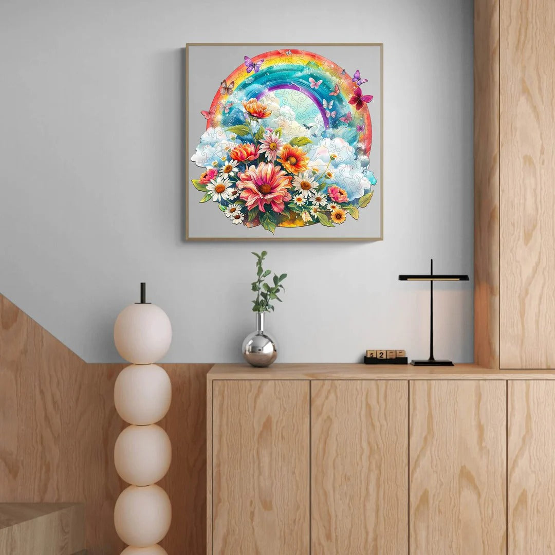 Whimsical Wooden Jigsaw Puzzle-Rainbow and Flowers