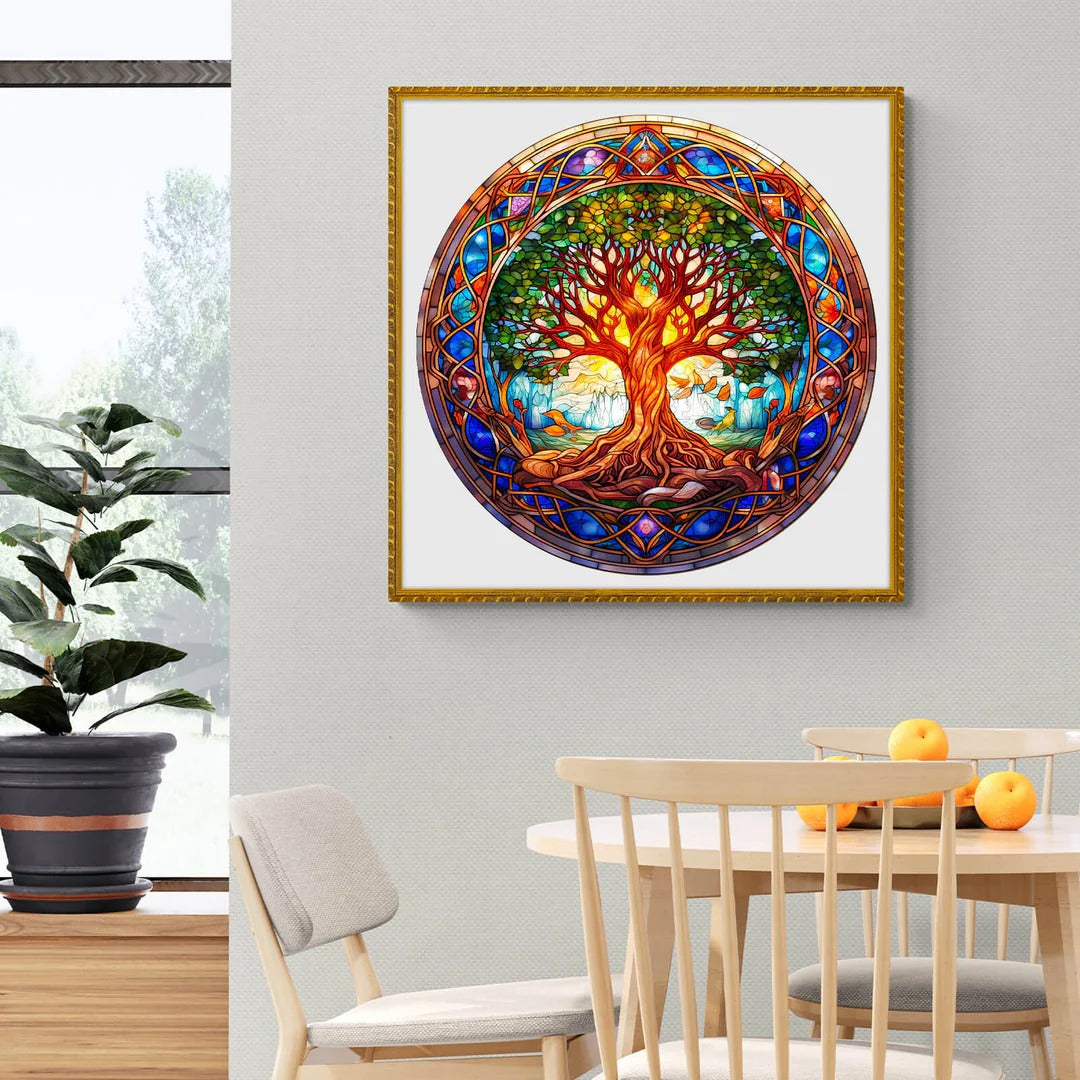 Whimsical Wooden Jigsaw Puzzle-Stained Glass Tree of Life