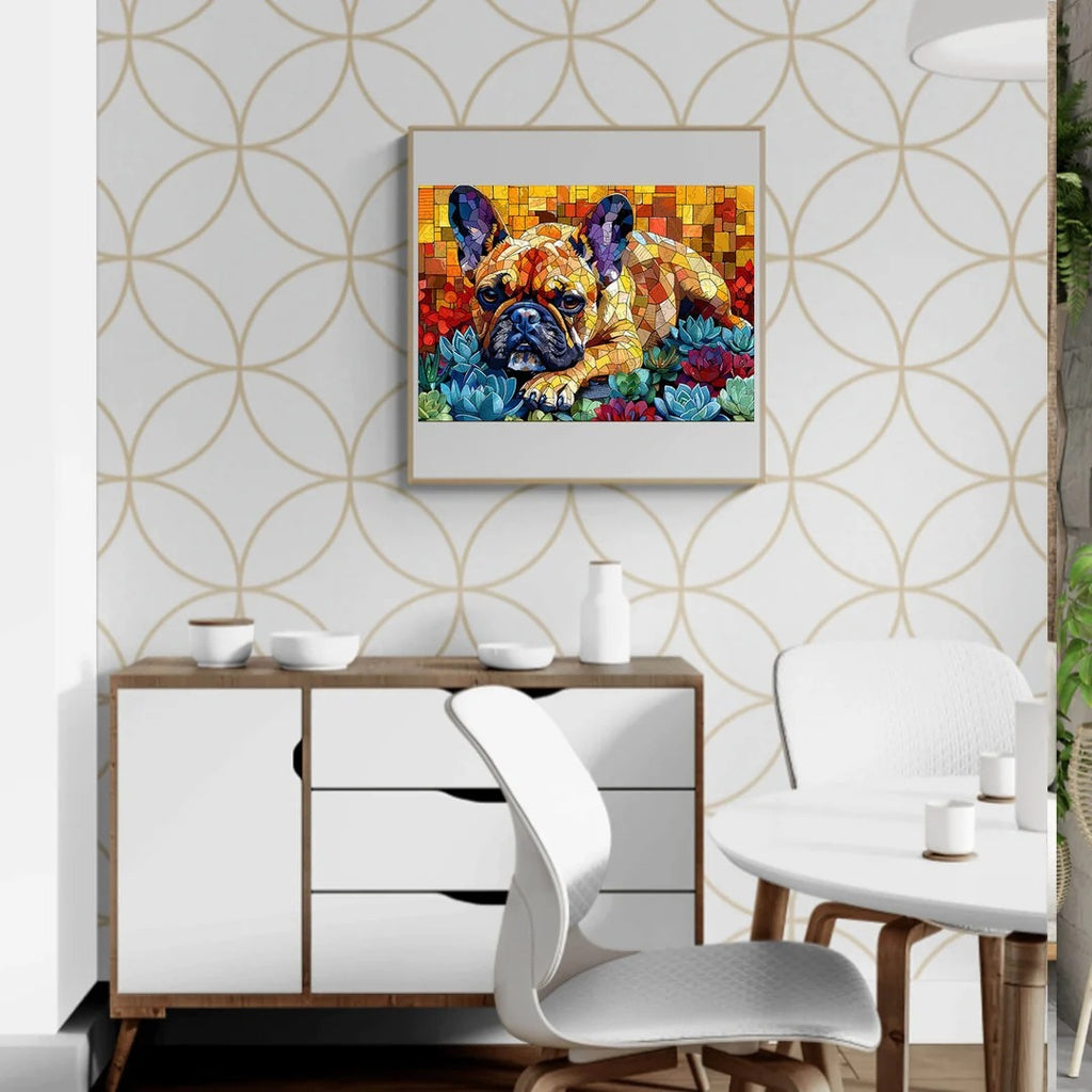 Whimsical Wooden Jigsaw Puzzle- Stained glass bulldog