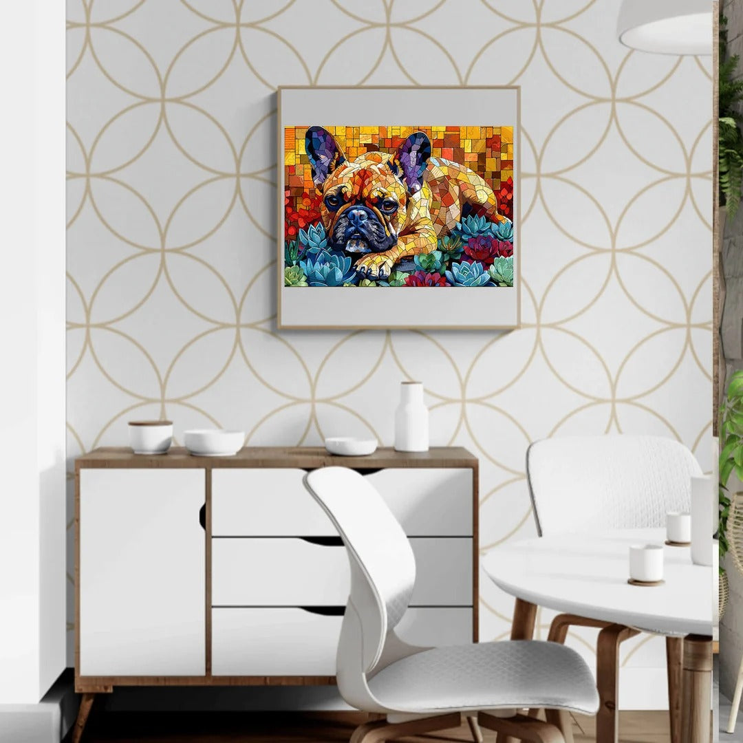 Whimsical Wooden Jigsaw Puzzle- Stained glass bulldog