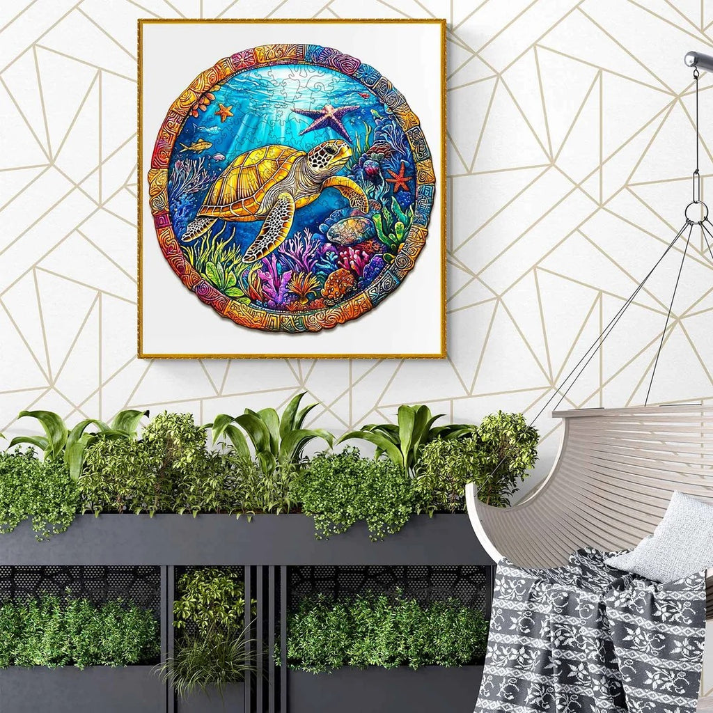 Whimsical Wooden Jigsaw Puzzle- retro turtle