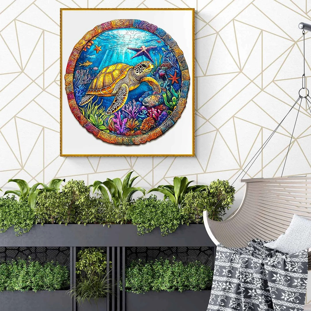 Whimsical Wooden Jigsaw Puzzle- retro turtle