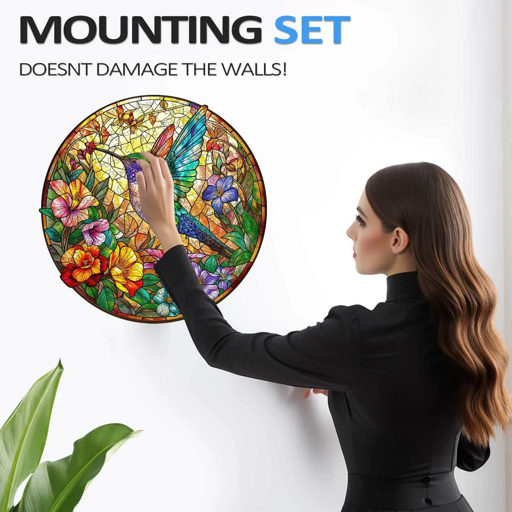 Whimsical Wooden Jigsaw Puzzle-Stained Glass Hummingbird