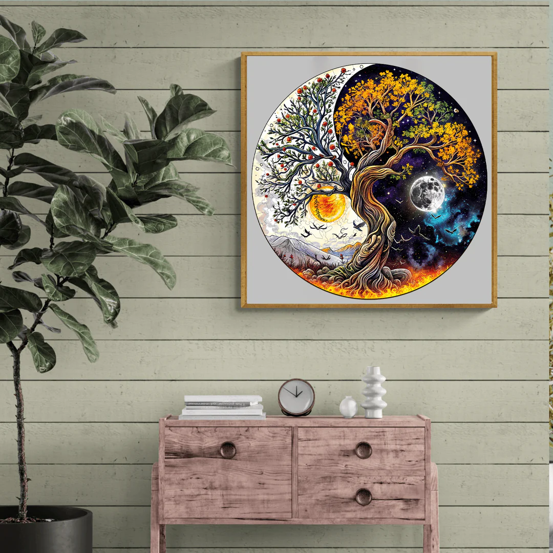 Whimsical Wooden Jigsaw Puzzle- sun and moon tree of life