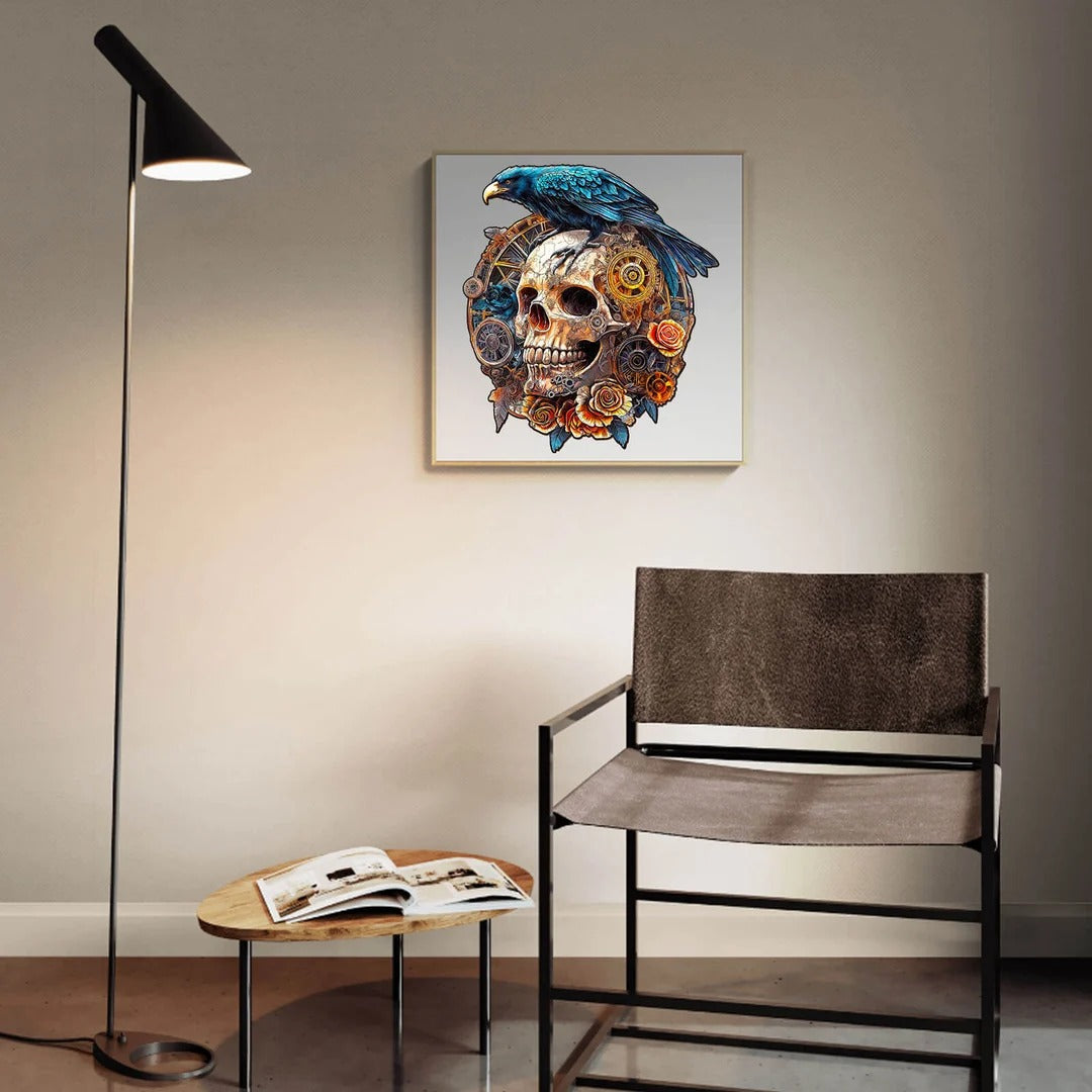 Whimsical Wooden Jigsaw Puzzle-Mechanical Skull & Raven