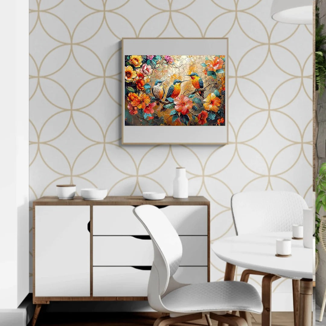Whimsical Wooden Jigsaw Puzzle-Hummingbird Garden