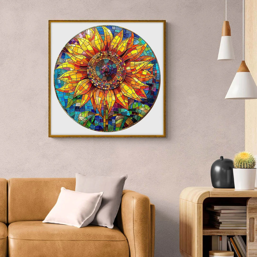 Whimsical Wooden Jigsaw Puzzle-Stained Glass Sunflower