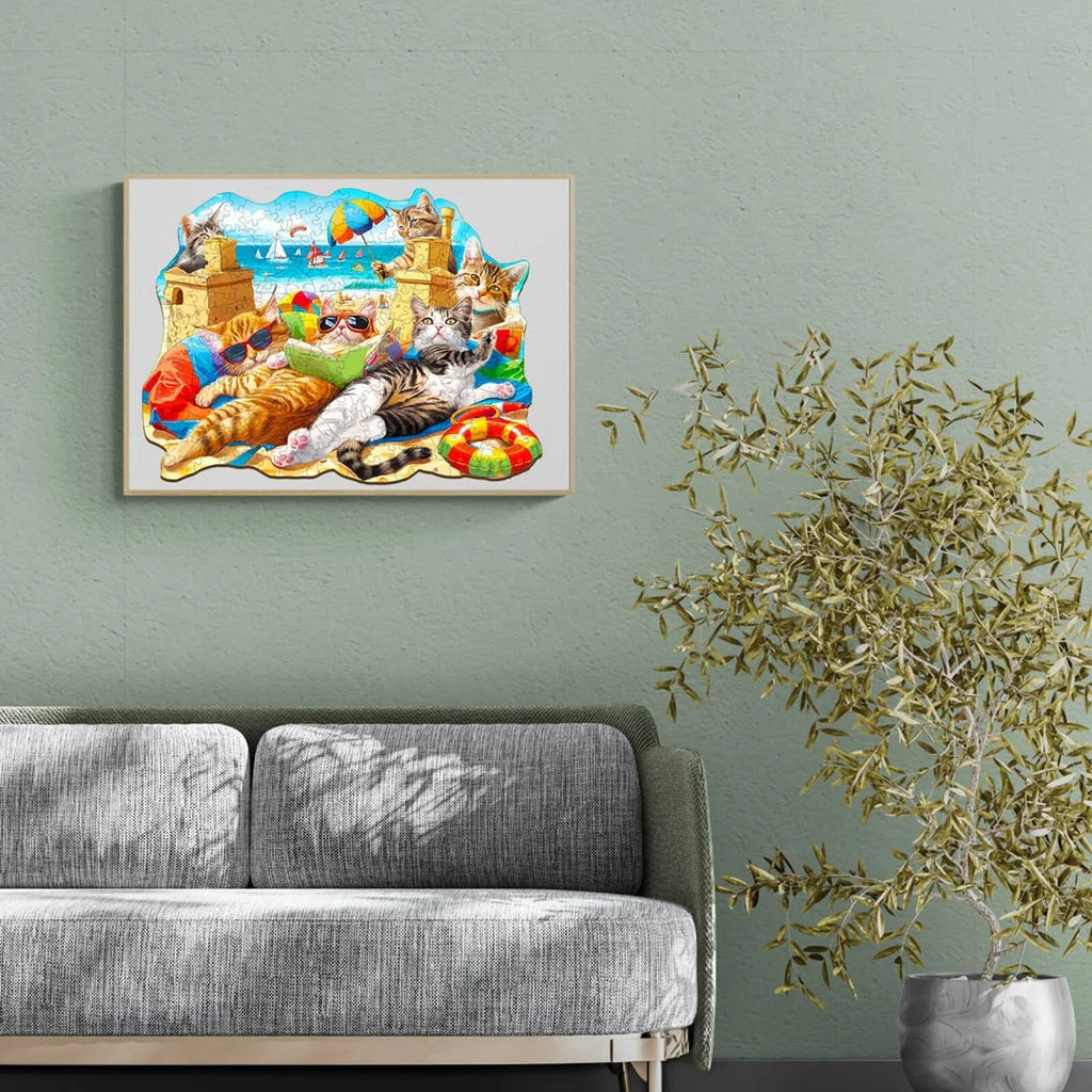 Whimsical Wooden Jigsaw Puzzle-beach cat