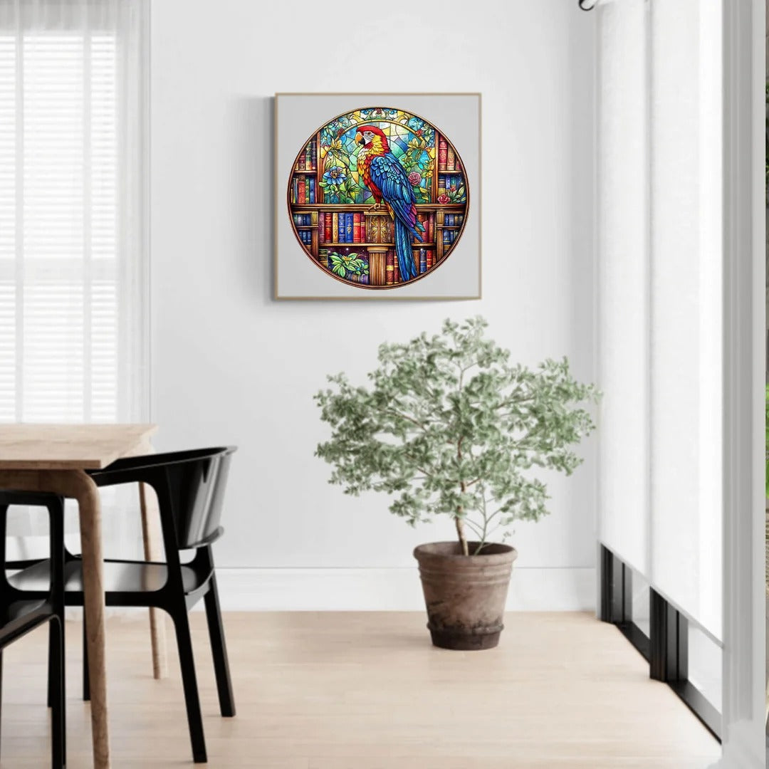 Whimsical Wooden Jigsaw Puzzle- library parrot
