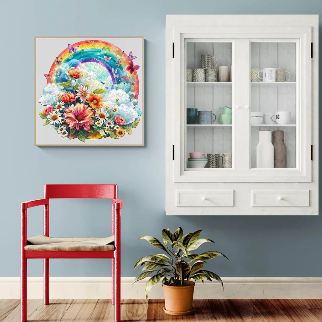 Whimsical Wooden Jigsaw Puzzle-Rainbow and Flowers