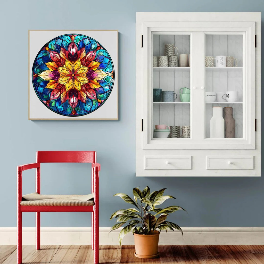 Whimsical Wooden Jigsaw Puzzle-Stained Glass Mandala