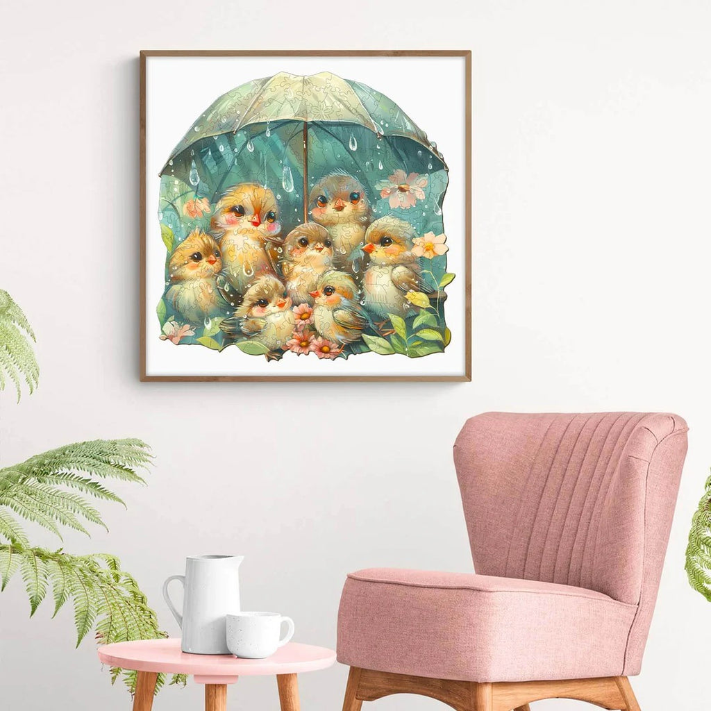 Whimsical Wooden Jigsaw Puzzle- bird holding umbrella