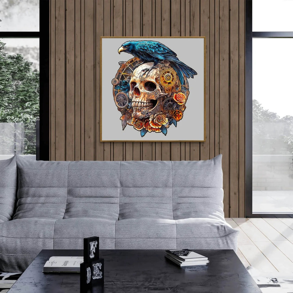 Whimsical Wooden Jigsaw Puzzle-Mechanical Skull & Raven