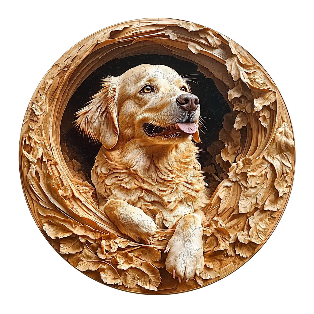 Whimsical Wooden Jigsaw Puzzle - 3D golden retriever - pickApuzzle