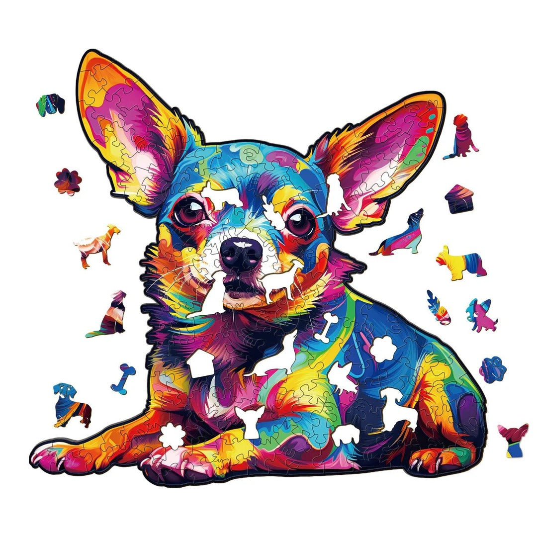 Whimsical Wooden Jigsaw Puzzle- Colorful Chihuahua